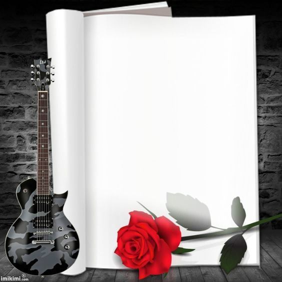 an open book with a guitar and a rose