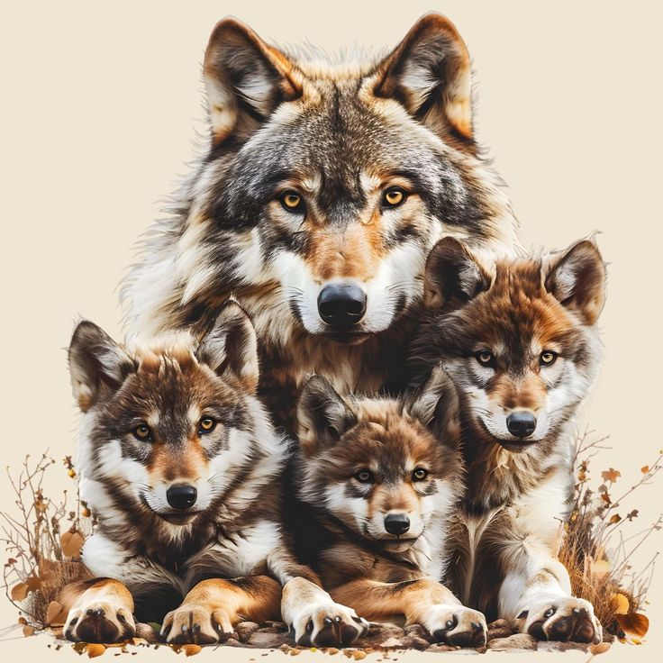 a group of wolfs sitting next to each other