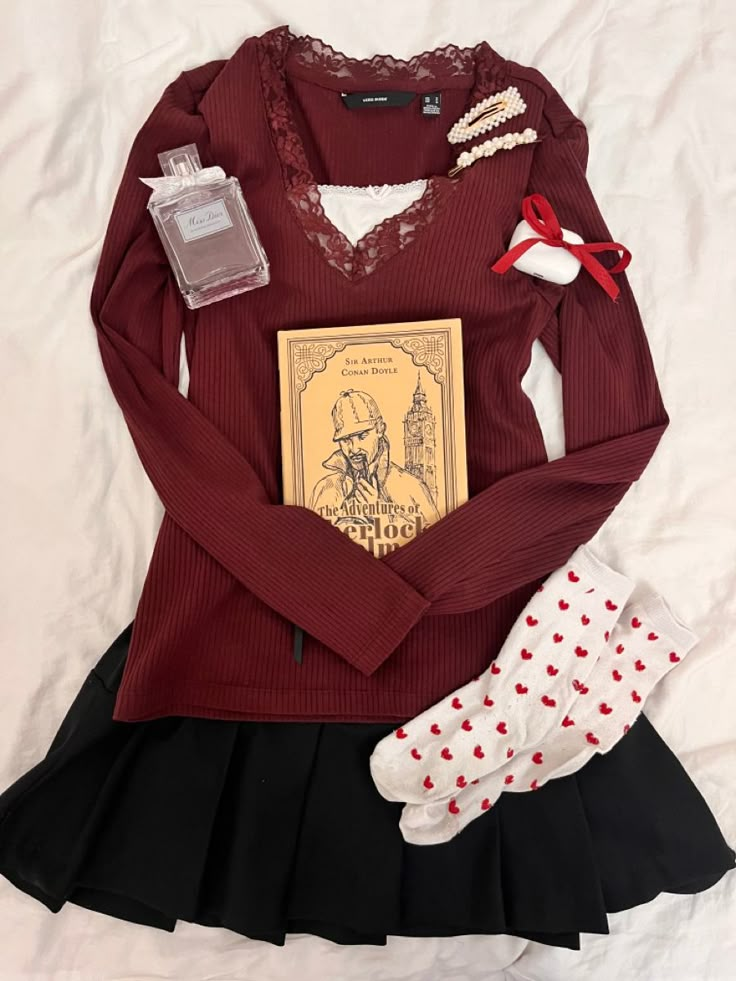 Cherry Coke Outfit, Cherry Astethic Outfit, Cherry Red Clothes Aesthetic, Coquette 2000s Outfits, Red Coquette Clothes, Red Academia Aesthetic Outfits, Cherry Clothes Aesthetic, Black And Red Coquette, Cocette Aesthetic Red