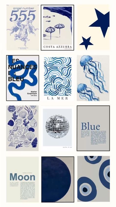 various blue and white posters with different designs