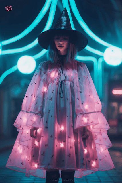 a woman wearing a witches hat and dress with lights on her head, standing in front of a neon blue background