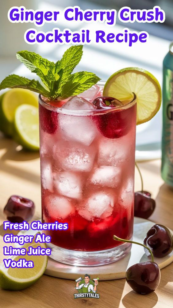 a glass filled with ice and cherries next to a bottle of ginzer cherry crush cocktail