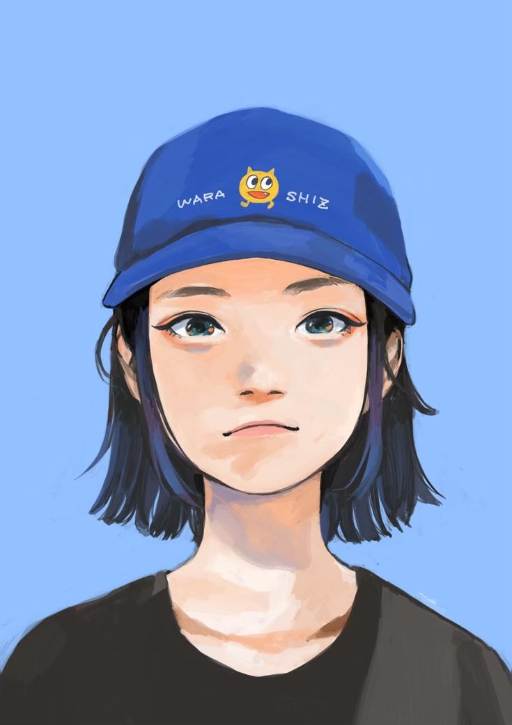 a drawing of a person wearing a blue hat