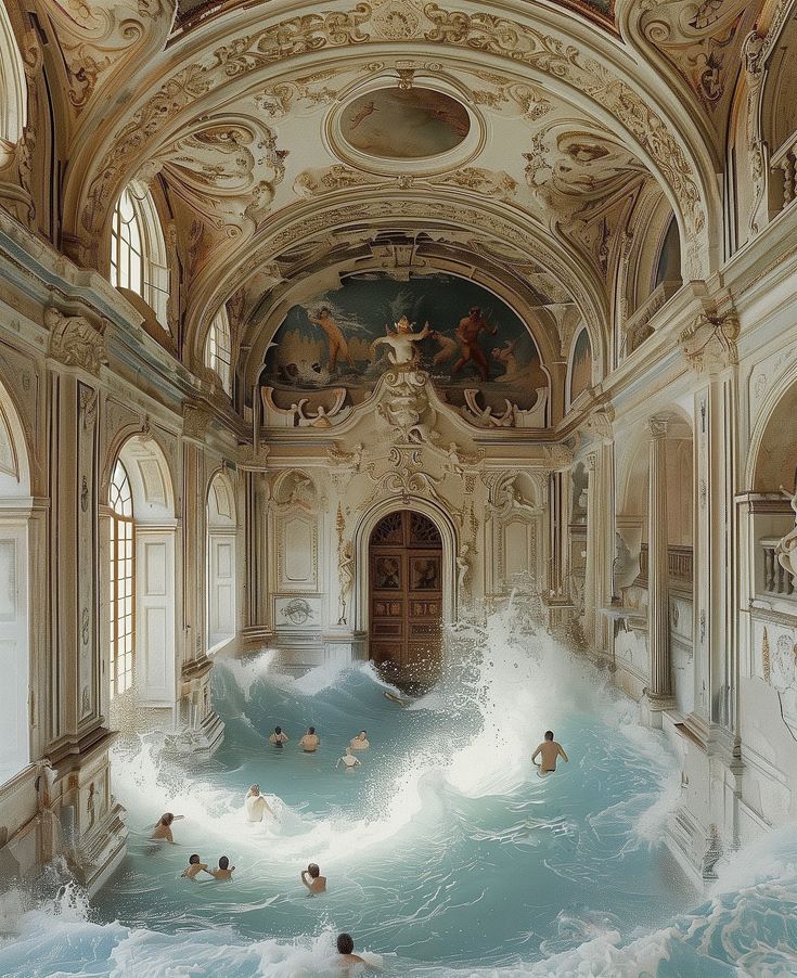 people are swimming in an indoor pool that looks like it has been built into the ceiling