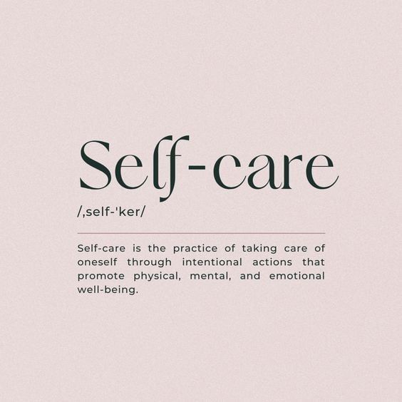 the words self - care are written in black and white on a light pink background