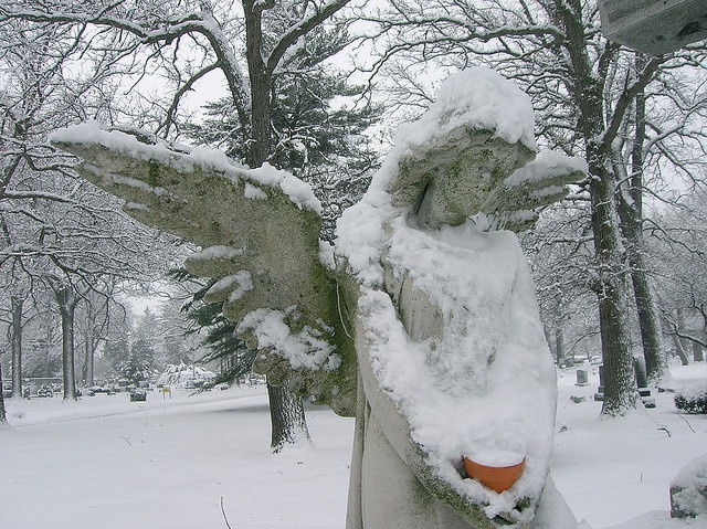 an angel statue covered in snow next to trees