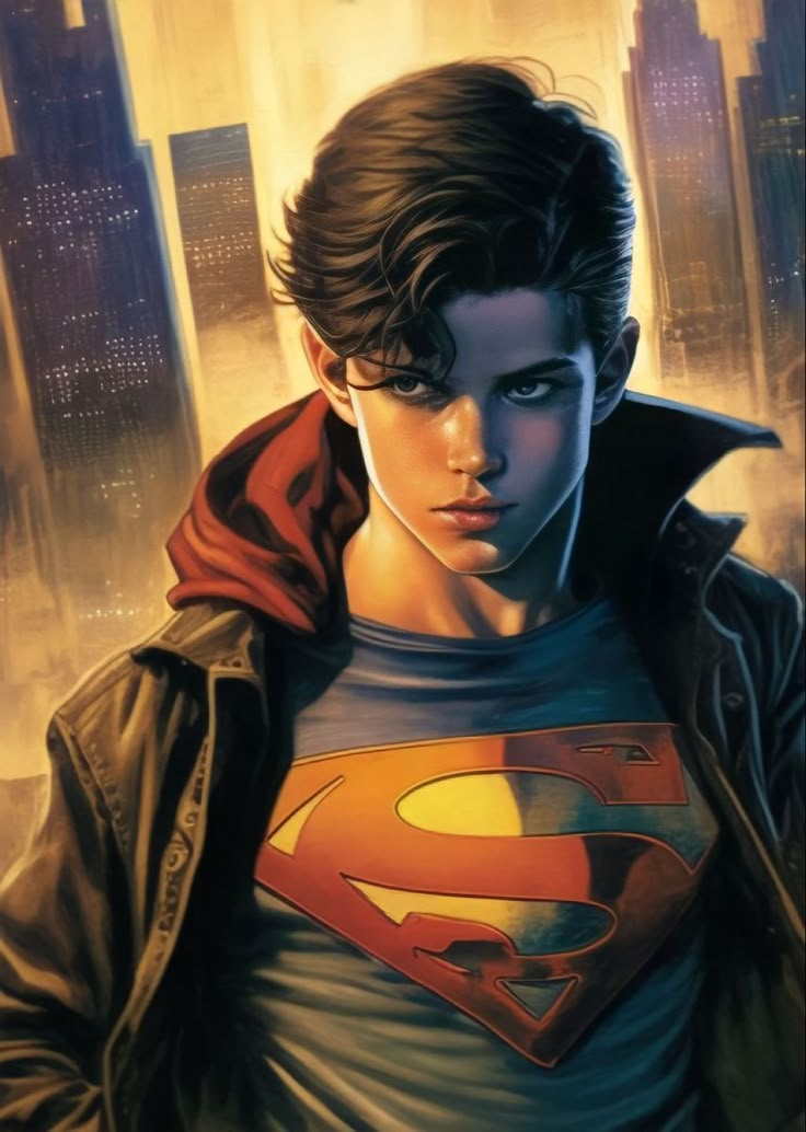 a painting of a young man wearing a superman t - shirt in front of a cityscape