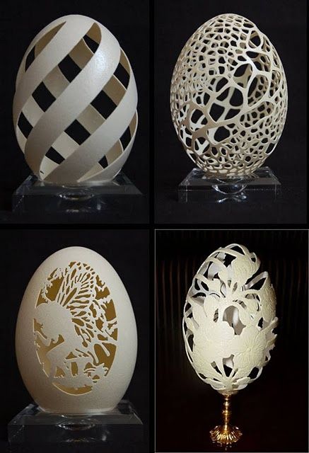 four different types of decorative eggs on display