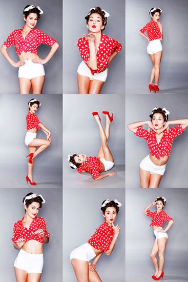 woman in red and white polka dot shirt doing various poses with her legs spread out