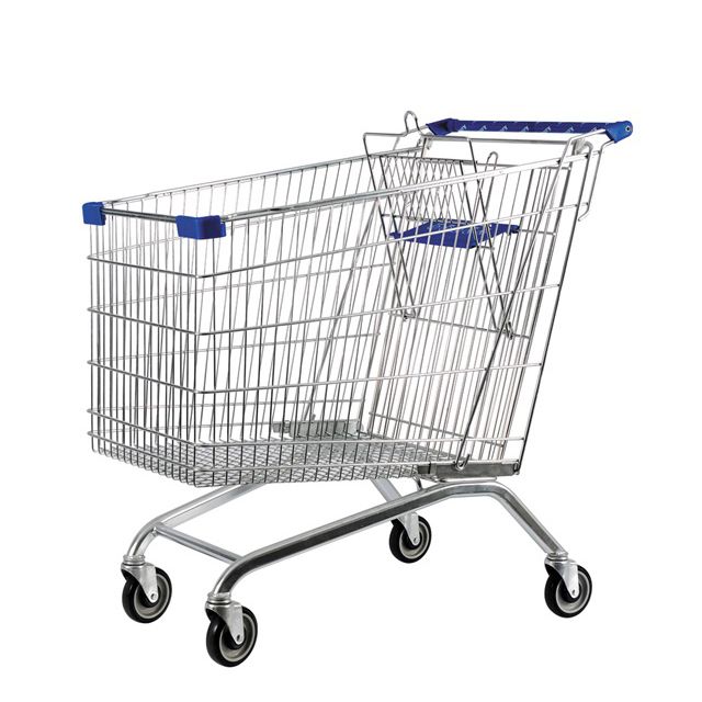 an empty shopping cart with wheels and blue handles on the front, is shown in this image