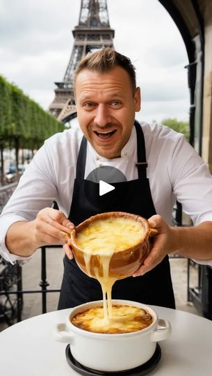 a man is pouring cheese into a pot with the eiffel tower in the background