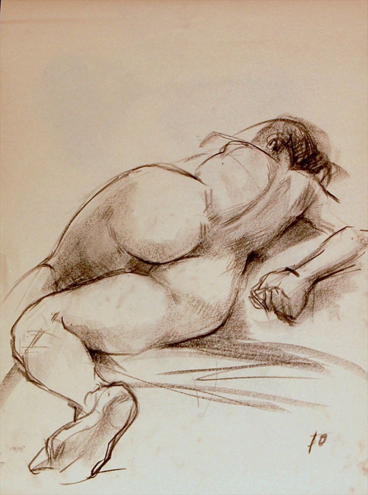 a drawing of a nude woman laying on a bed with her legs crossed and head down