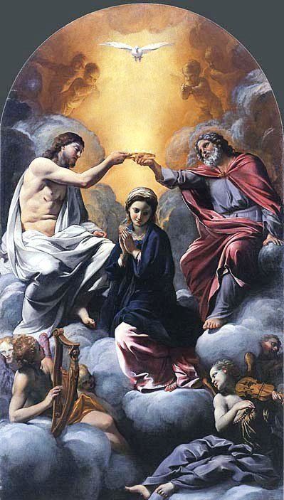 an image of jesus and other people in the sky with doves above them on clouds