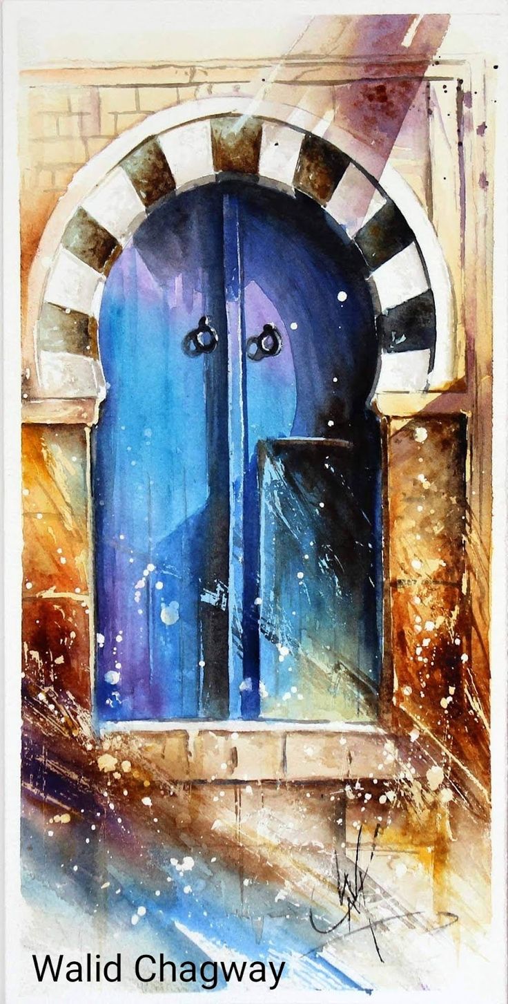 a watercolor painting of a blue door