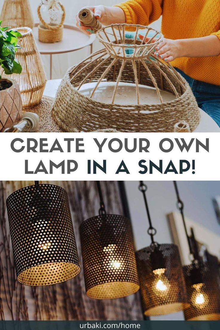 a woman sitting at a table with some lights hanging from it and the words create your own lamp in a snap