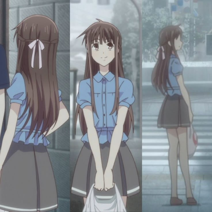 tohru honda blue collared shirt, black skirt with white line outfit Honda Tohru Hairstyle, Toru Honda, Tohru Hairstyles, Fruits Basket Inspired Outfits, Striped Skirt Outfit Black And White, Tohru Honda Clothes, Tohru Honda Outfit Aesthetic, Tohru Inspired Outfits, Tohru Honda Manga