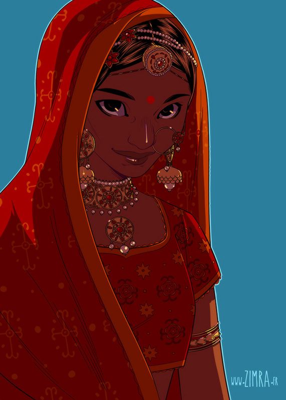 a drawing of a woman wearing a red sari