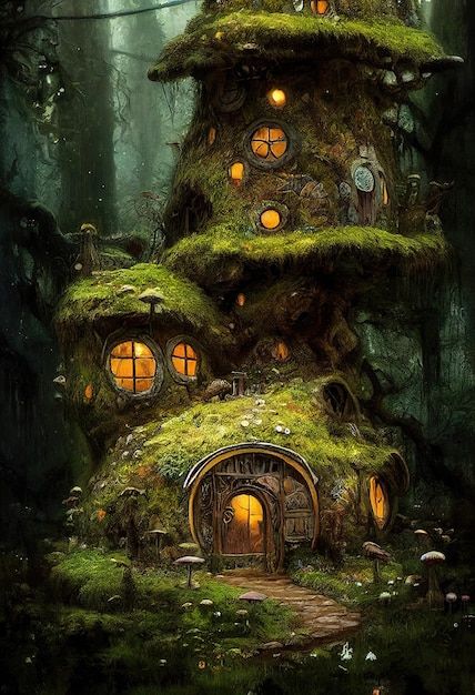 a house made out of moss in the middle of a forest with lots of windows