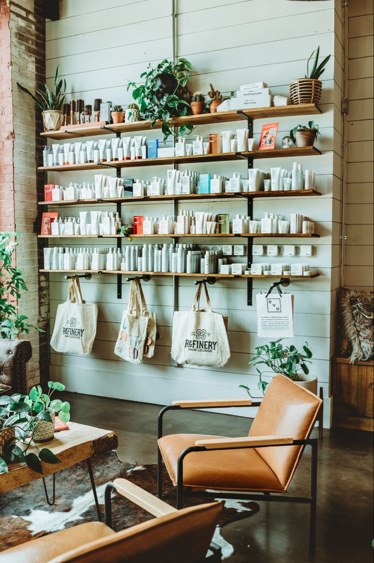 the inside of a store filled with lots of plants and personal care products on shelves