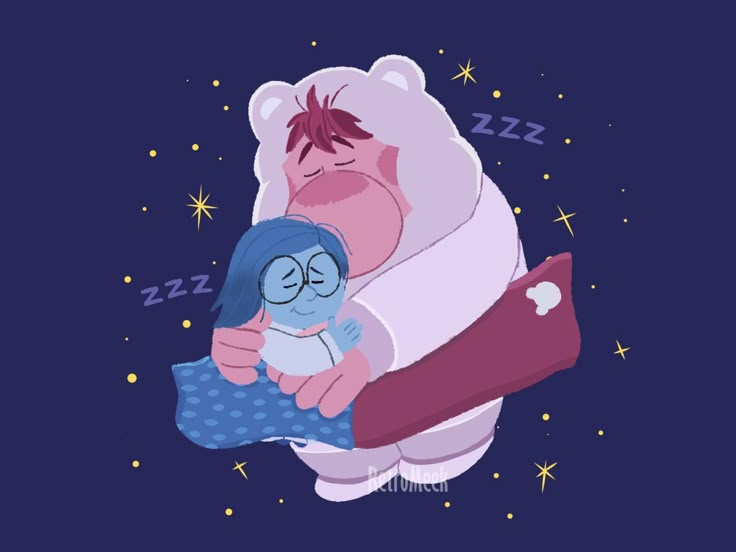 a cartoon character hugging another character with stars in the sky behind them on a dark blue background