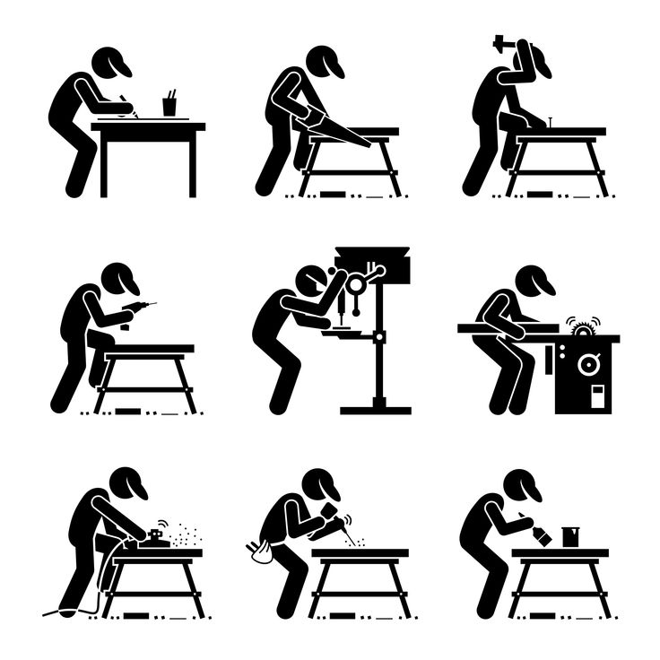 black and white silhouettes of people working on different types of workbench designs