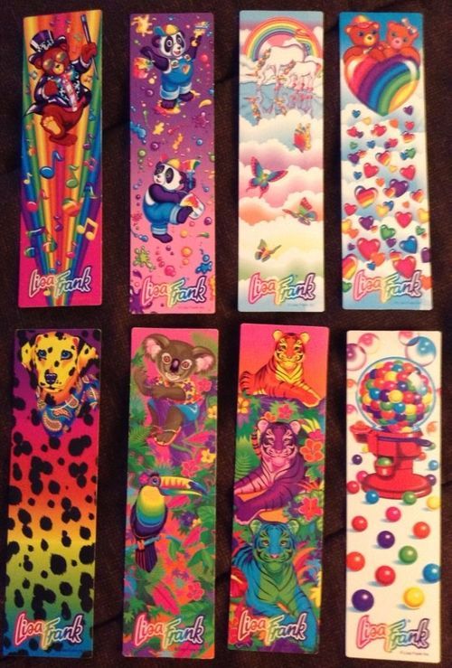 six colorful bookmarks with cartoon characters and rainbows on the covers, all lined up in rows