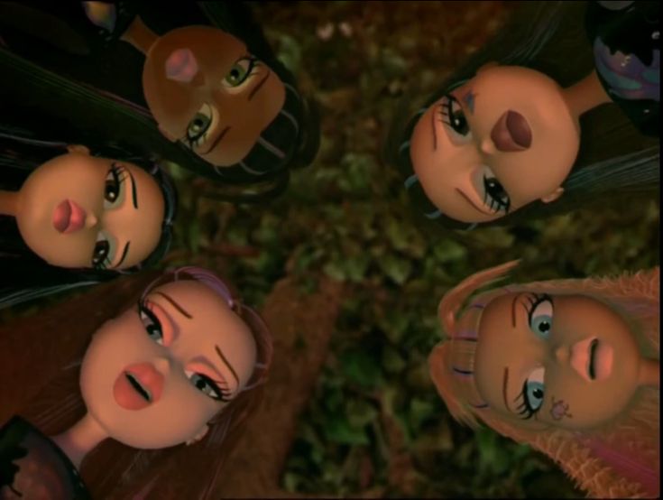 an animated group of people looking up at the sky with their eyes wide open and smiling