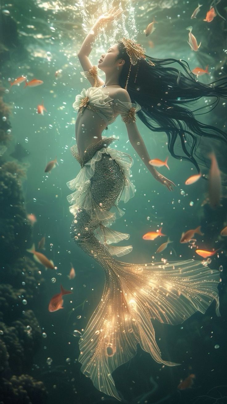 a woman with long hair is swimming in the water and has fish around her neck