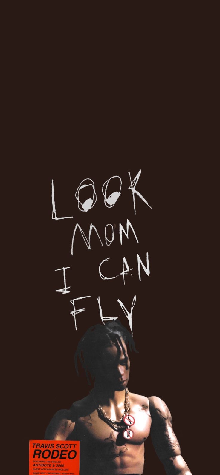 a man with no shirt standing in front of a black background and the words look moon i can fly