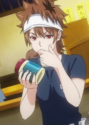 an anime character is drinking from a can