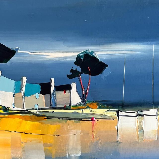 an abstract painting of boats on the water