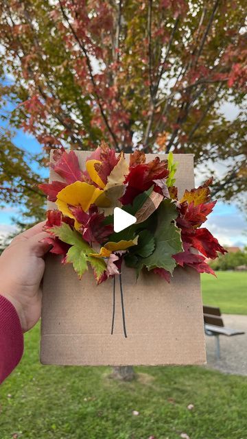 someone holding up a box with leaves on it in front of a tree and bench