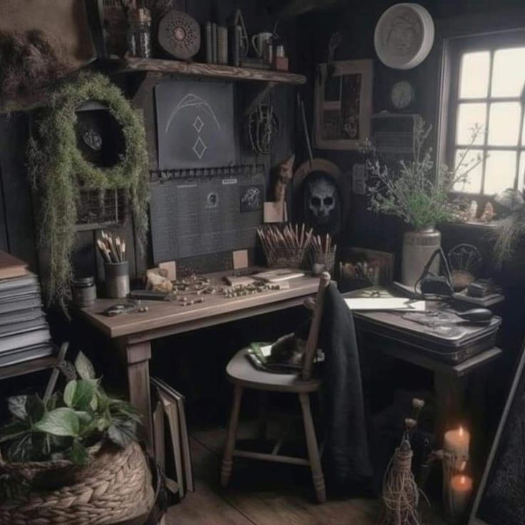 an old fashioned desk with lots of stuff on it in a room filled with plants