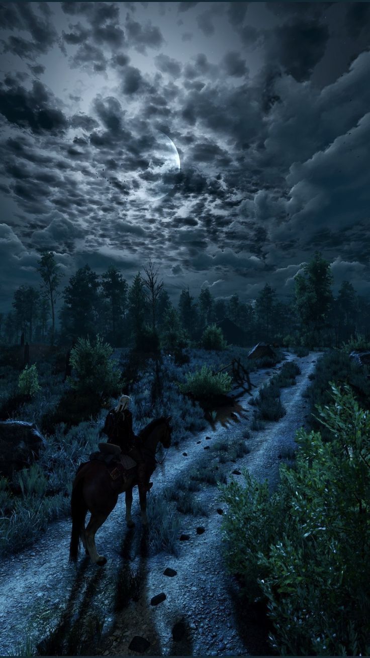 a man riding on the back of a horse down a dirt road under a cloudy sky