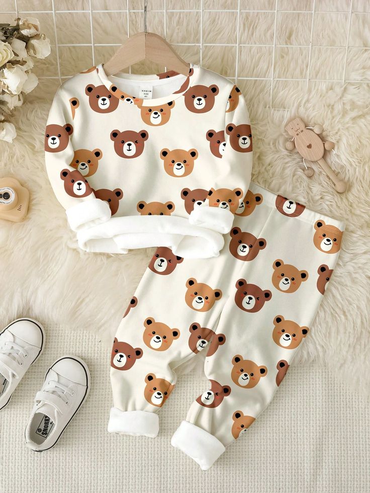 Baby Boys' Casual Cartoon Bear Pattern Snug Fit Long Sleeve Romper & Pants Home Outfit, Autumn/Winter Multicolor   Long Sleeve Knitted Fabric Animal,Plain Baby Pajama Set Slight Stretch  Baby Boys Clothing, size features are:Bust: ,Length: ,Sleeve Length: