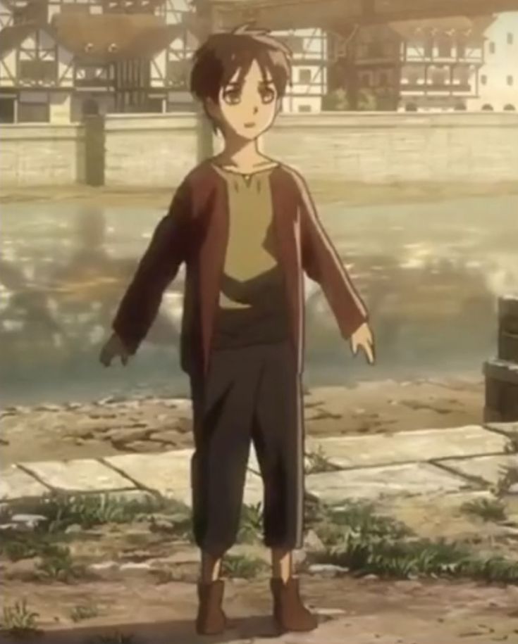 an anime character standing in front of a body of water with the caption man