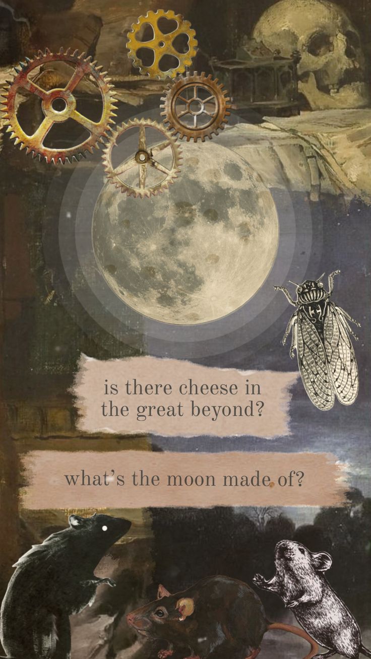 an image of a painting with words on it that say, is there cheese in the great beyond? what's the moon made of?