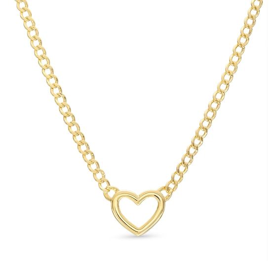 Perfect for layering or worn on its own, this classic statement piece features an 18-inch curb chain set in timeless 10K yellow gold. A beautiful heart-shaped silhouette sits in the middle to finish the look. The necklace boasts a high polish finish and secures with a lobster clasp. Yellow Gold Heart Chain Necklace With Delicate Chain, 14k Gold Heart Chain Necklace, Yellow Gold Open Heart Necklace With Adjustable Chain, Tarnish Resistant Yellow Gold Open Heart Charm Necklace, Heart-shaped Yellow Gold Chain Necklace With Cable Chain, Thick Chain Necklace, Curb Chain Necklace, Necklace Clasps, Kay Jewelers