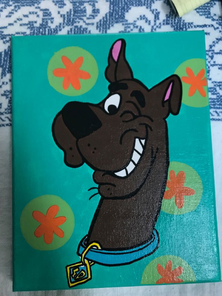 a painting of a dog with a blue collar and name tag on it's chest