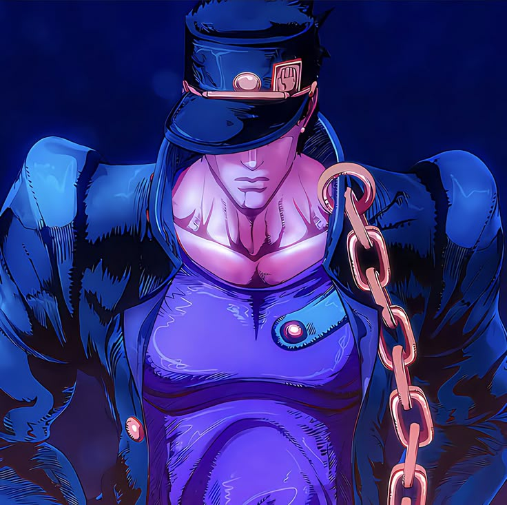 a cartoon character with chains around his neck and hands behind his back, wearing a blue outfit