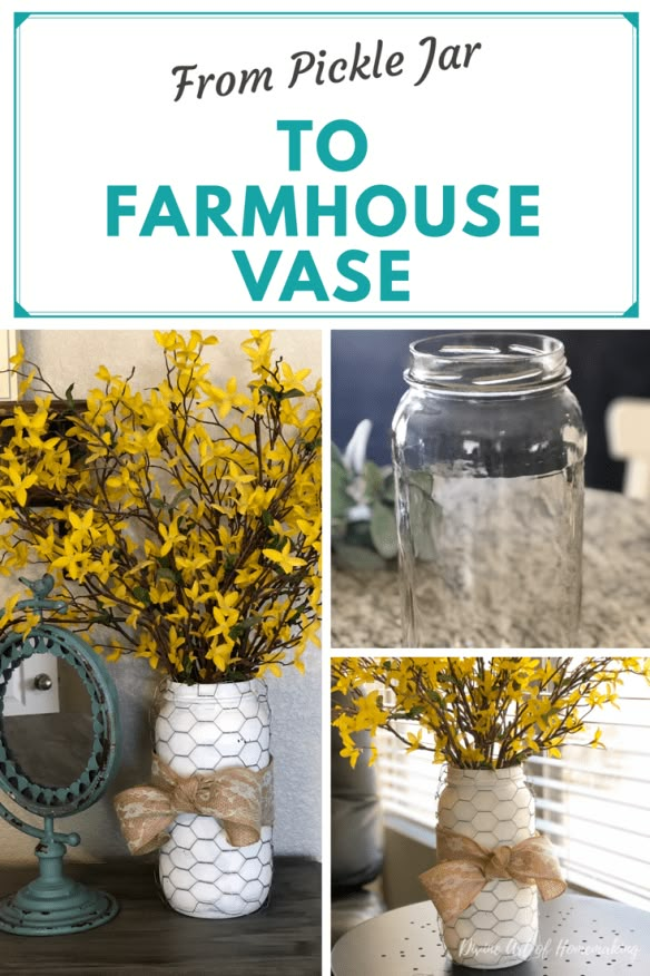 some jars with flowers in them and the words from pickle jar to farmhouse vase