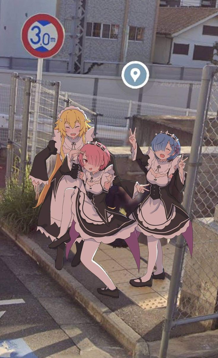 three anime characters standing on the side of a road next to a street sign and some buildings