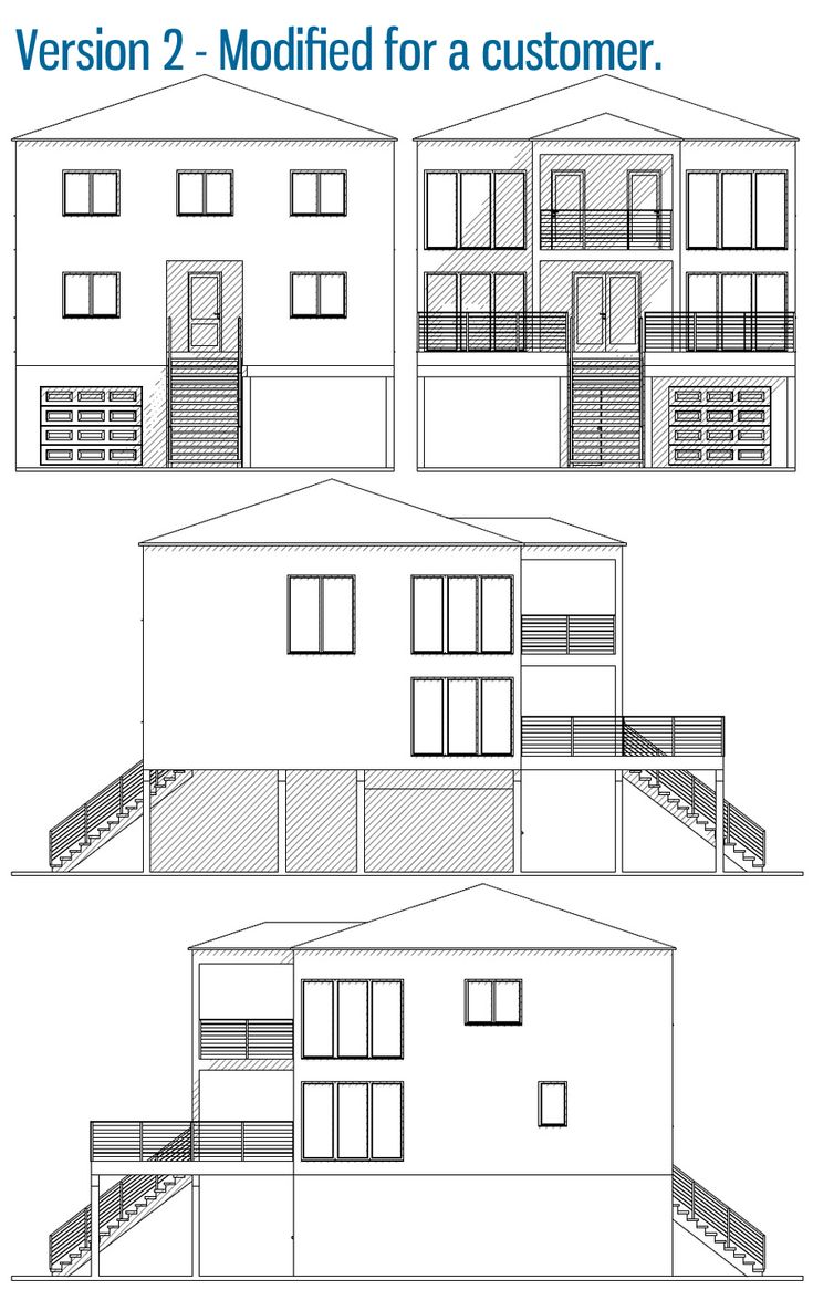 three different views of a house with windows and balconies on the second floor