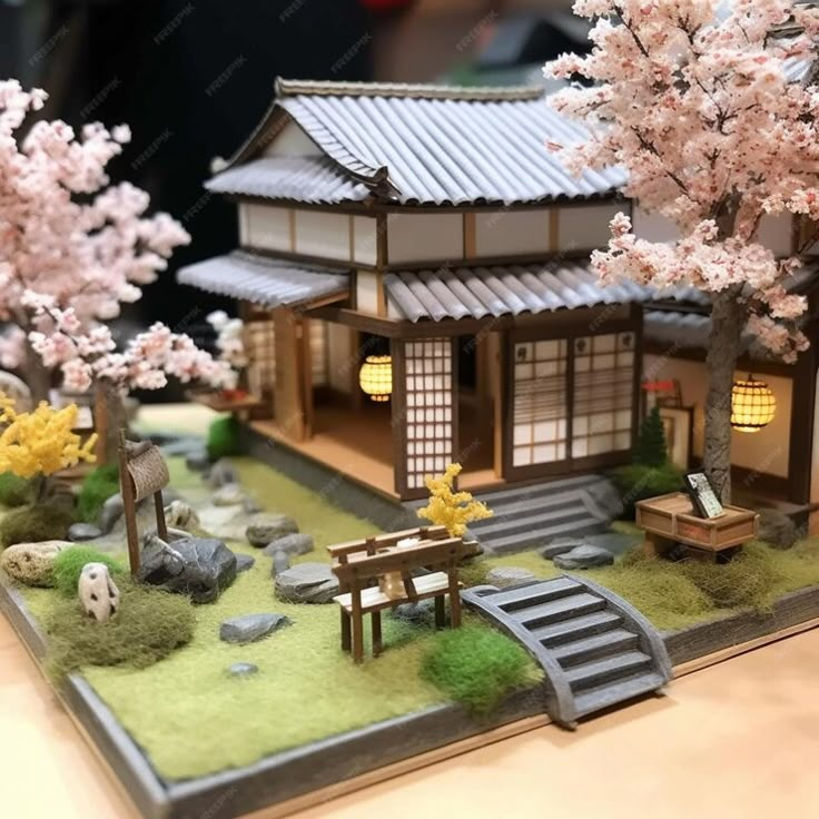 a model of a japanese house with trees and rocks