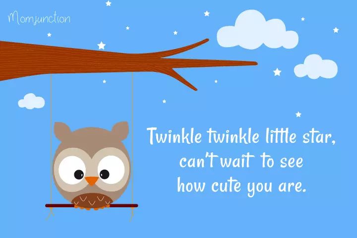 an owl sitting on a tree branch with the words twinkle twinkle little star, can't wait to see how cute you are