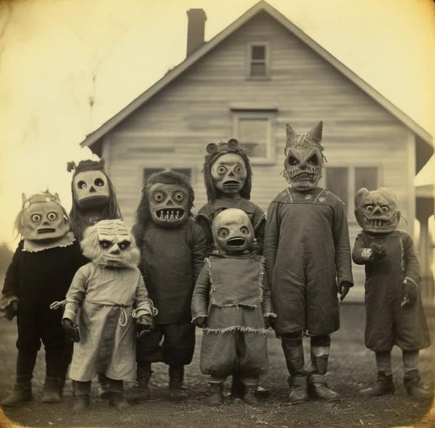 an old black and white photo shows five children dressed up in scary costumes with their faces painted to look like cats