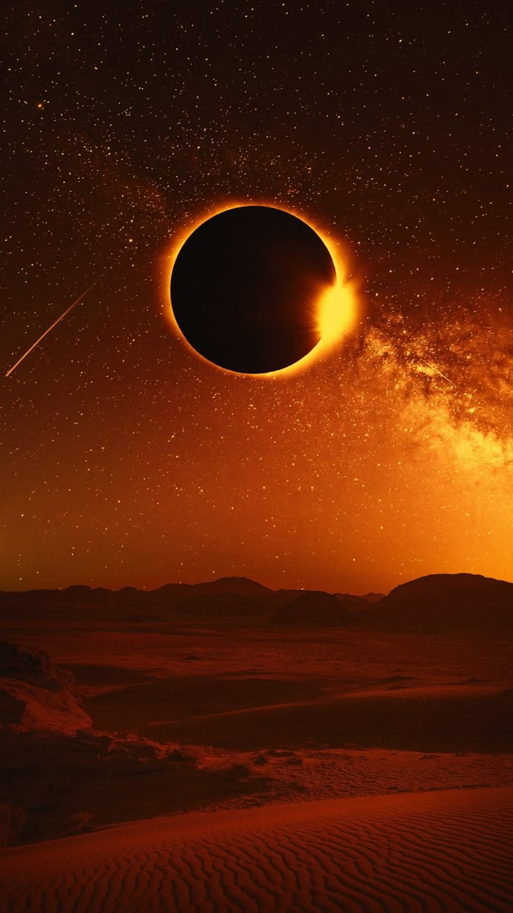 an artist's impression of a solar eclipse in the sky over desert terrains