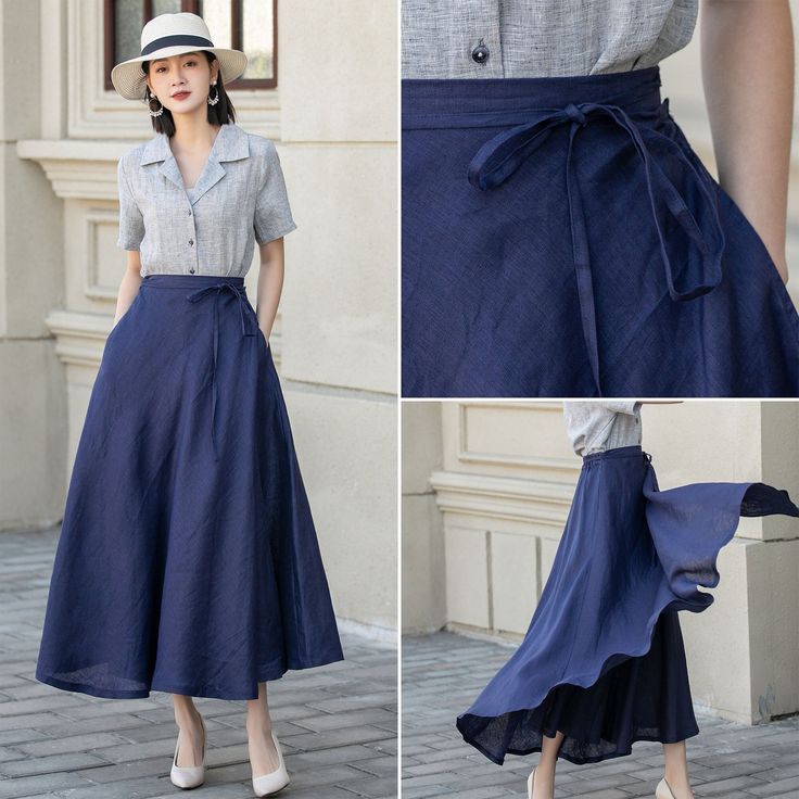 "Make a statement with this beautiful blue linen wrap skirt. The soft and flowy fabric is comfortable to wear all day, while the wrap style creates a sophisticated look that's perfect for any event. The waist tie and back elastic waist make it both stylish and functional. Pair it with a blouse and heels for a dressy occasion, or dress it down with sandals and a tee for a more casual look. This gorgeous skirt is sure to become a wardrobe favorite. DETAIL * 100% linen * Plus size Skirt, wrap skirt * Linen maxi skirt * Back elastic waistband * Perfect for Summer, Spring, Autumn * Wash by hand or machine with cold water * The model is 170 cm (5' 7\") tall with 85 cm(33.4\") bust and 67 cm(26.7\")waist. She is wearing a blue skirt in size XS. Choose CUSTOM Order if you * Need a better fit * Can Blue A-line Maxi Skirt For Summer, Elegant Long Linen Wrap Skirt, Elegant Blue Wrap Skirt For Summer, Elegant Blue Summer Wrap Skirt, Blue Linen Flowy Skirt, Blue Relaxed Linen Skirt, Blue Flared Wrap Skirt For Summer, Blue Flared Flowy Wrap Skirt, Blue Flared Wrap Skirt