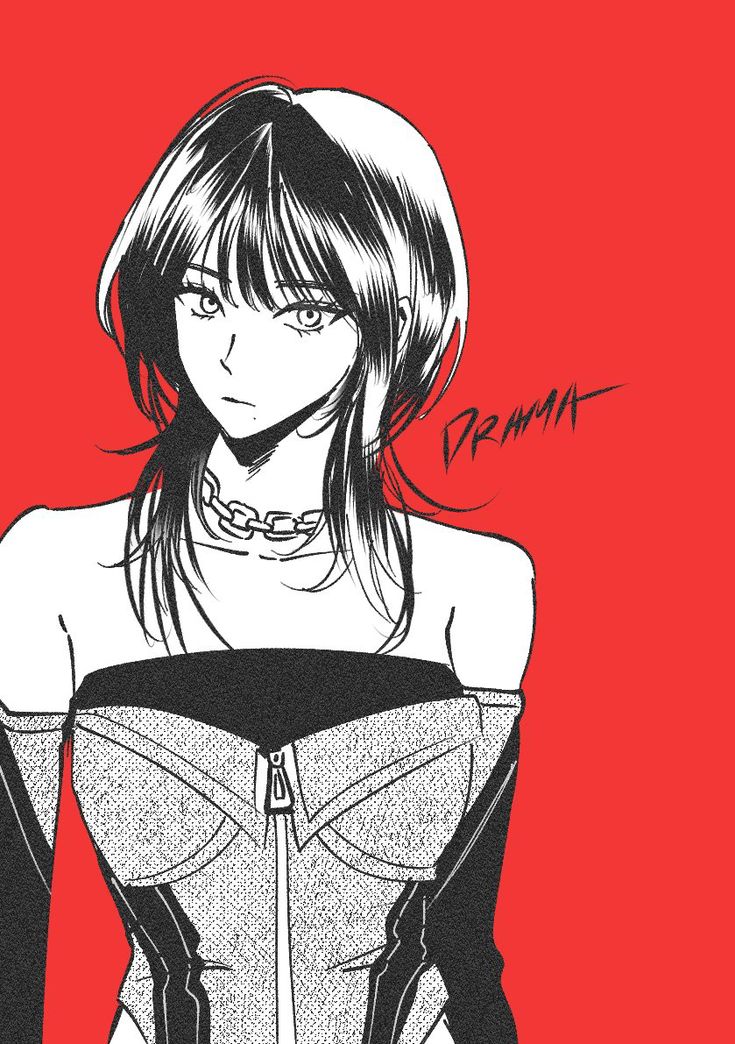 a drawing of a woman with short hair wearing a black and white corset