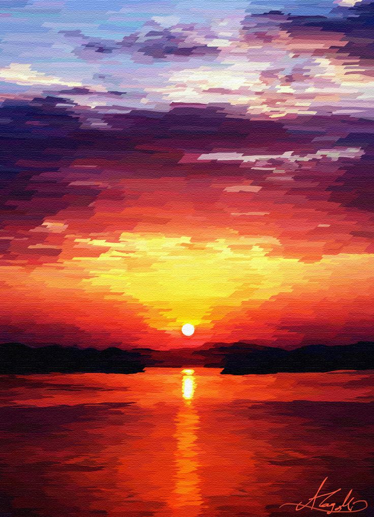 a painting of the sun setting over water